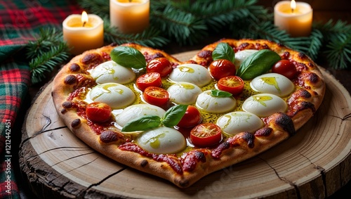 A Heart-Shaped Margherita Pizza with Cherry Tomatoes and Basil, Served on a Wooden Board with Candlelight for a Romantic Dinner photo