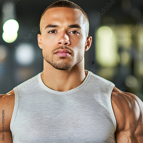 fit man sleeveless athletic shirt poses confidently modern gym, showcasing his muscular physique and determination. background features blurred gym equipment, enhancing focus his expression photo