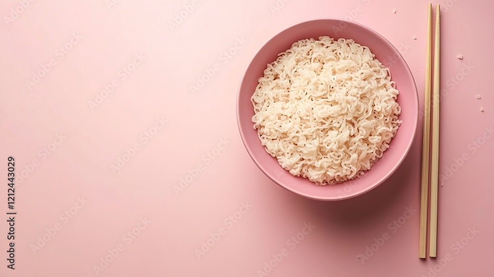 Vibrant Bowl of Noodles with Chops Set Against a Bright Pink Background Evoking a Playful Mood Vibrant Bowl of Noodles with Chops Set Against a Bright Pink Background Evoking a Playful Mood