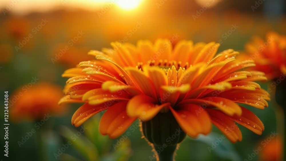 Close-up of an orange marigold flower with dew drops in sunlight Close-up of an orange marigold flower with dew drops in sunlight