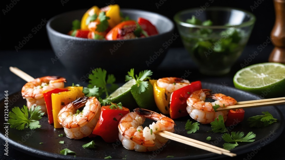 Grilled shrimp skewers with colorful vegetables and lime, garnished with cilantro. Grilled shrimp skewers with colorful vegetables and lime, garnished with cilantro.