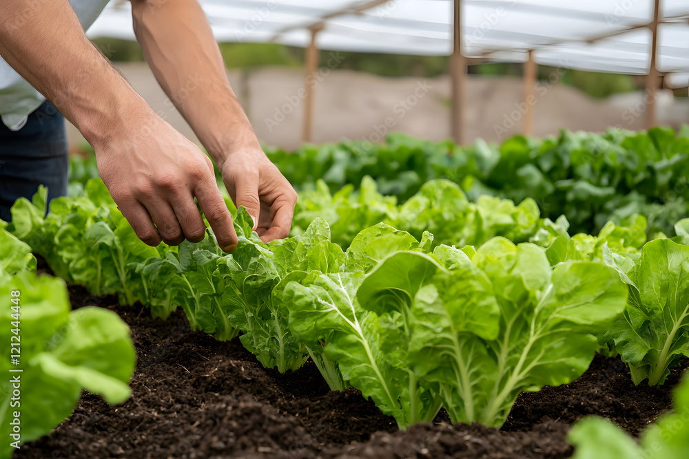 farmer tending to fresh lettuce in greenhouse, showcasing vibrant green leaves and rich soil. scene reflects dedication to sustainable agriculture and healthy produce farmer tending to fresh lettuce in greenhouse, showcasing vibrant green leaves and rich soil. scene reflects dedication to sustainable agriculture and healthy produce