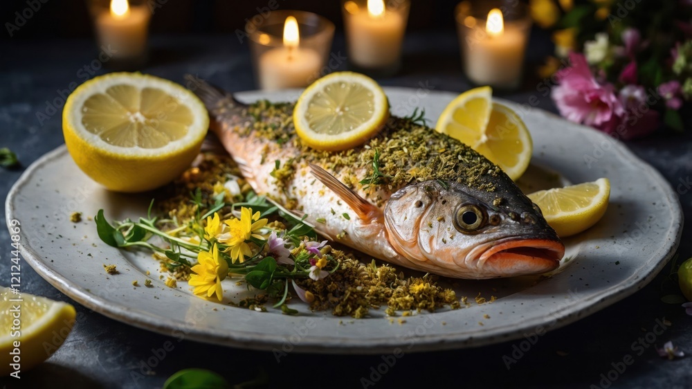 A beautifully presented baked fish garnished with herbs and lemon, set with candles and flowers. A beautifully presented baked fish garnished with herbs and lemon, set with candles and flowers.