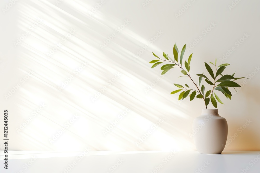 Green plant branch in a beige vase illuminated by sunlight creates a peaceful and minimalist home decor Green plant branch in a beige vase illuminated by sunlight creates a peaceful and minimalist home decor