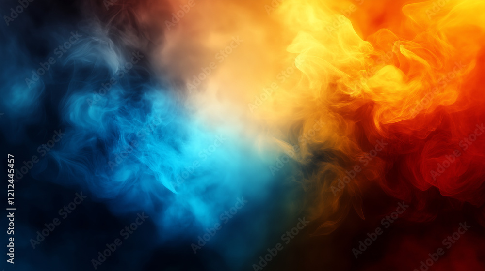 Fototapeta premium Abstract digital artwork blending vibrant orange and yellow flames with deep blue and teal smoke. Smooth, fluid textures create dynamic contrast, symbolizing the harmony of fiery warmth and cool ether