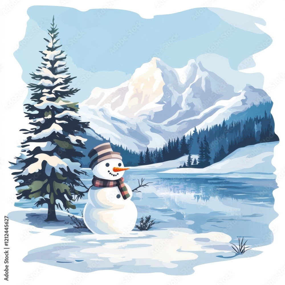 Obraz premium Snowman and pine tree by frozen lake with snowy mountains winter landscape serene viewpoint nature illustration