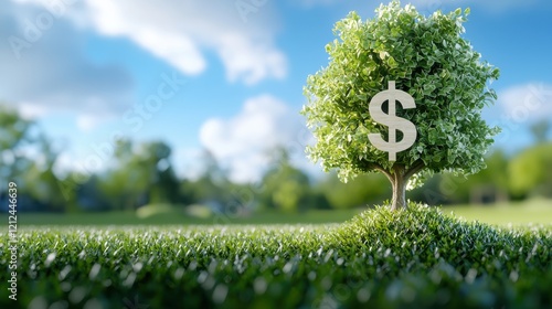 A vibrant tree with a dollar sign symbolizing the connection between nature and wealth, set against a clear blue sky and lush greenery. photo