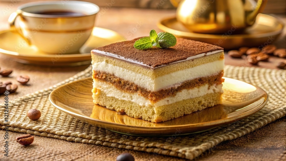 Creamy tiramisu dessert placed on a golden tablecloth with a soft focus effect , coffee cake, Italian dessert Creamy tiramisu dessert placed on a golden tablecloth with a soft focus effect , coffee cake, Italian dessert