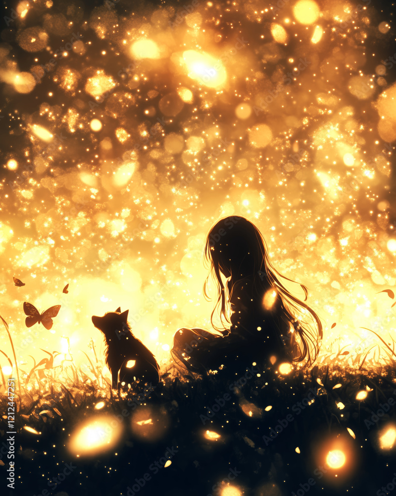 Girl and Dog Silhouette in Magical Glow Girl and Dog Silhouette in Magical Glow