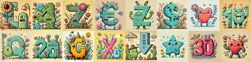 Fototapeta premium Spring monsters Lettering Typeface. AI generated illustration