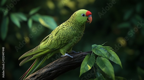 Bright Green Parakeet Resting on a Twig photo