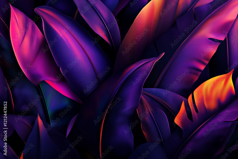 Fototapeta premium Vibrant tropical leaves in bold neon hues for modern interior design, creative branding, nature-inspired art, and vibrant event themes