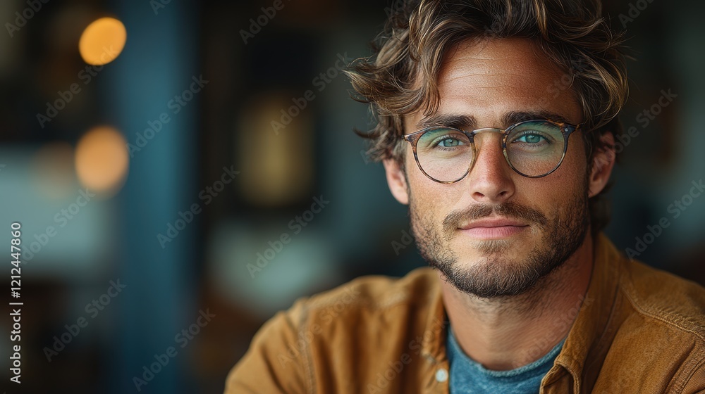 Portrait of a Thoughtful Young Man with Glasses, Wearing a Brown Jacket and Blue Shirt, in a Cafe Setting with a Warm and Inviting Atmosphere Portrait of a Thoughtful Young Man with Glasses, Wearing a Brown Jacket and Blue Shirt, in a Cafe Setting with a Warm and Inviting Atmosphere