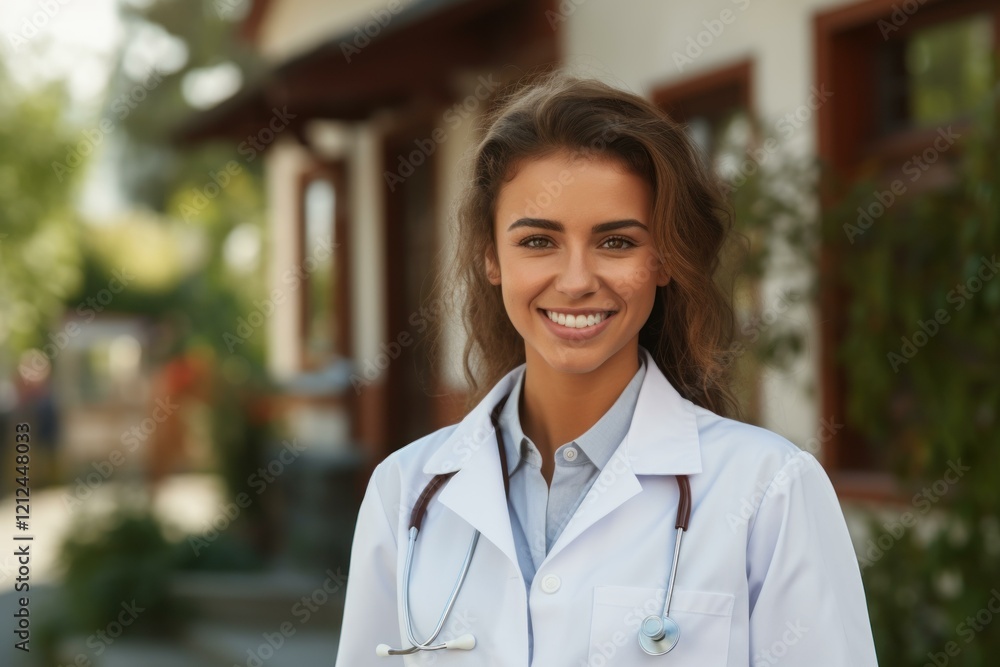 Portrait of a confident and friendly doctor smiling outside a hospital building, conveying professionalism and healthcare expertise Portrait of a confident and friendly doctor smiling outside a hospital building, conveying professionalism and healthcare expertise
