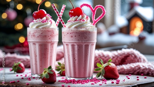 Two Glasses of Festive Strawberry Milkshakes with Whipped Cream, Cherries, and Candy Decorations, Perfect for Romantic Occasions photo