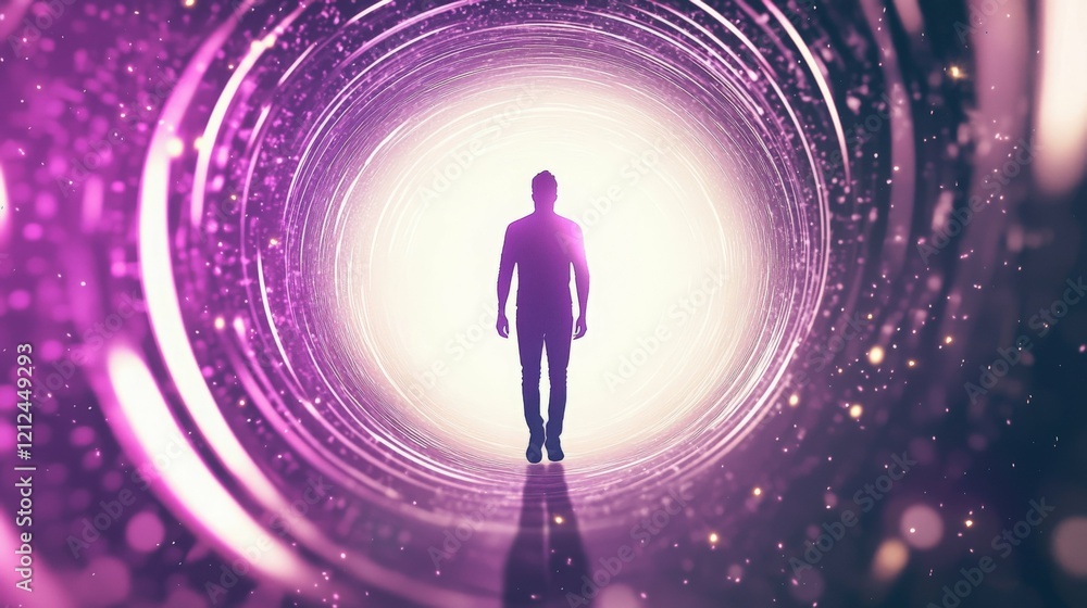 Silhouette of man walking through purple glowing portal, cosmic energy, abstract art, Generated AI Silhouette of man walking through purple glowing portal, cosmic energy, abstract art, Generated AI