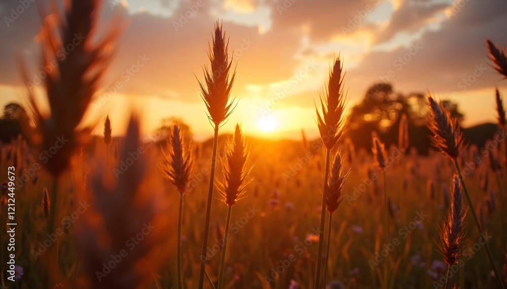 Golden hour sunlight shines through wheat stalks at sunset in rural landscape Golden hour sunlight shines through wheat stalks at sunset in rural landscape