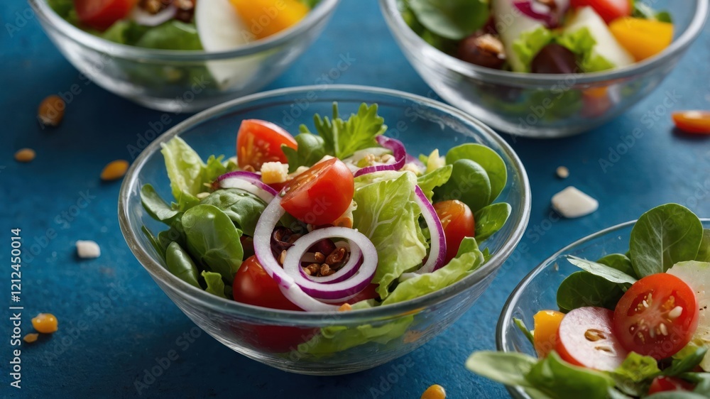 A fresh salad in glass bowls, showcasing vibrant vegetables and greens. A fresh salad in glass bowls, showcasing vibrant vegetables and greens.