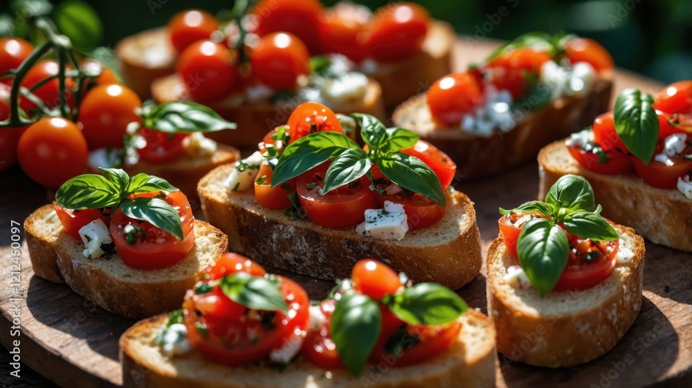A platter of bruschetta topped with cherry tomatoes and basil, perfect for a summer gathering. A platter of bruschetta topped with cherry tomatoes and basil, perfect for a summer gathering.