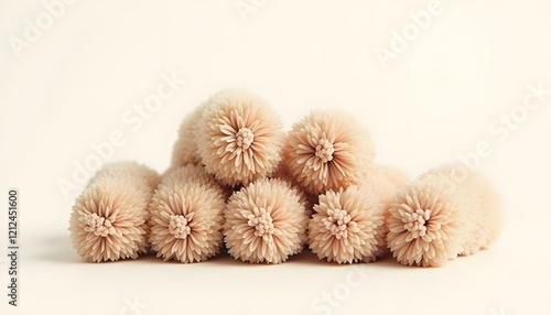 Pile of pale peach colored pom-pom like objects on light background photo