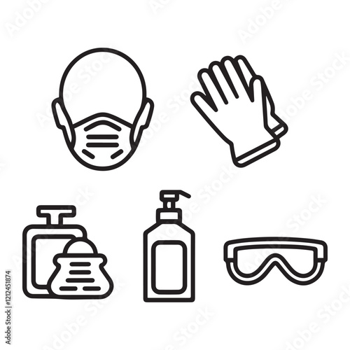 Medical mask, latex gloves, soap, dispenser, protective glasses.