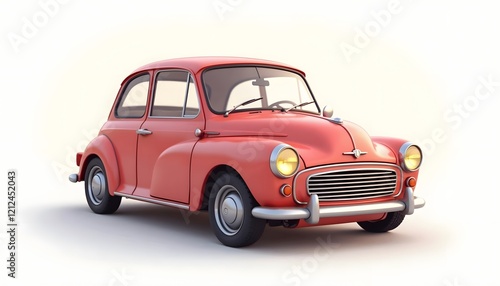 A classic red car is showcased against a plain white background showcasing its retro design