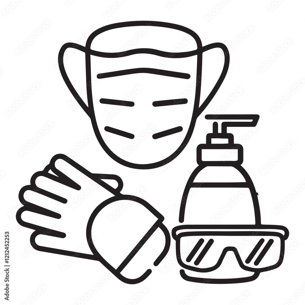 Medical mask, latex gloves, soap, dispenser, protective glasses. Medical mask, latex gloves, soap, dispenser, protective glasses.