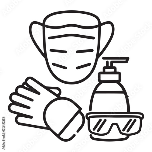 Medical mask, latex gloves, soap, dispenser, protective glasses.
