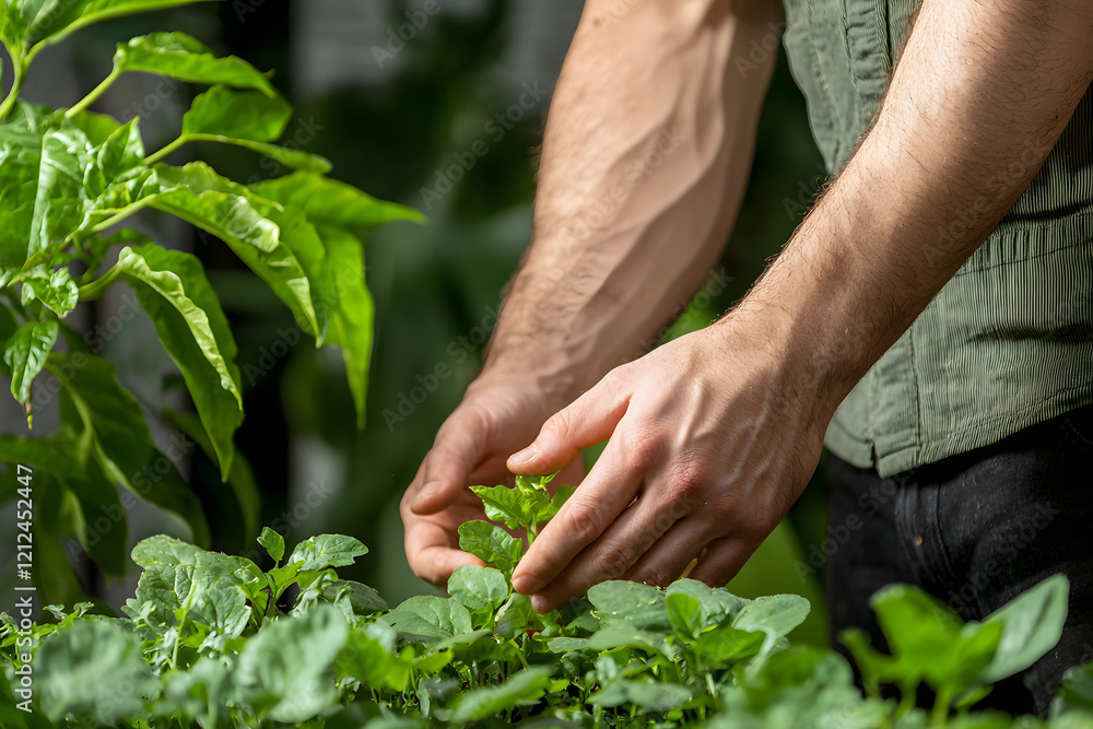 Gardener tending to fresh vegetables in lush garden, showcasing hands nurturing plants with care and attention. vibrant greenery reflects healthy environment Gardener tending to fresh vegetables in lush garden, showcasing hands nurturing plants with care and attention. vibrant greenery reflects healthy environment