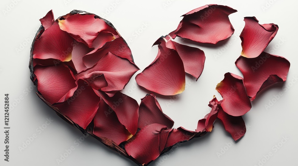 Fototapeta premium A shattered heart made of rose petals, symbolic art, photorealistic design, emotional tone, isolated on white background 