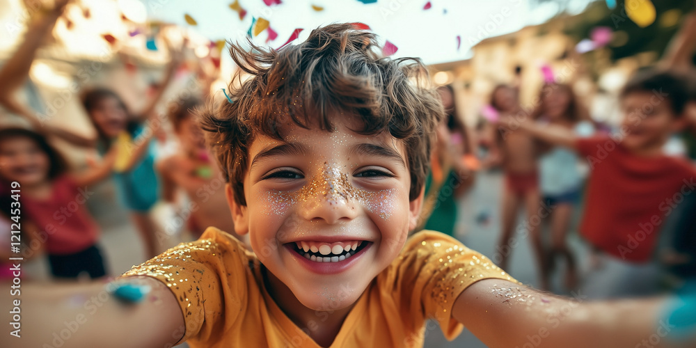 Enjoying the moment with a selfie. A happy boy with glowing glitter on his face taking a picture while his friends and confetti fill the scene at the party. Enjoying the moment with a selfie. A happy boy with glowing glitter on his face taking a picture while his friends and confetti fill the scene at the party.