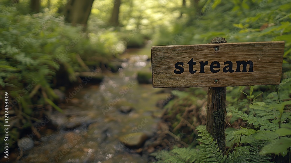 A scenic forest stream highlighted by a wooden signpost with the word 'stream', surrounded by lush greenery and dappled sunlight filtering through the trees A scenic forest stream highlighted by a wooden signpost with the word 'stream', surrounded by lush greenery and dappled sunlight filtering through the trees