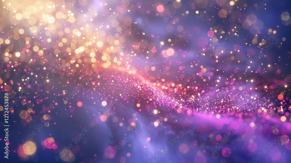 Fototapeta premium A vibrant abstract background featuring shimmering bokeh lights in purple and gold hues.