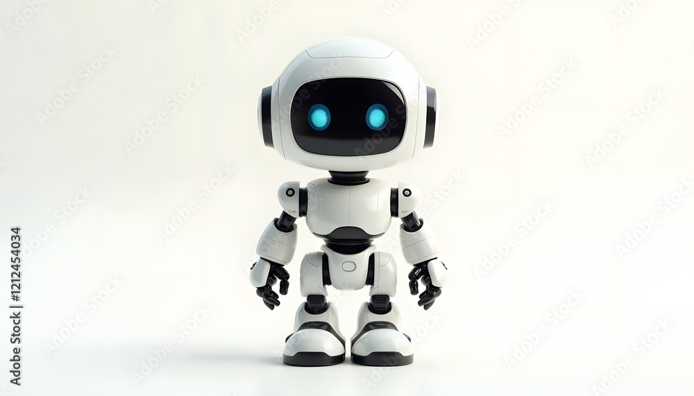 Cute white robot with glowing blue eyes standing against a plain background Cute white robot with glowing blue eyes standing against a plain background
