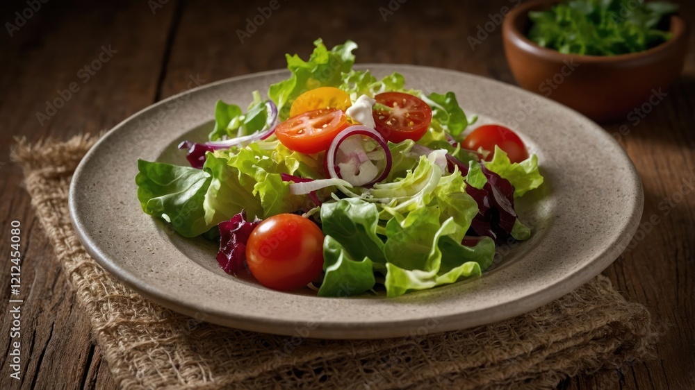 A fresh salad with lettuce, tomatoes, and onions served on a rustic plate. A fresh salad with lettuce, tomatoes, and onions served on a rustic plate.