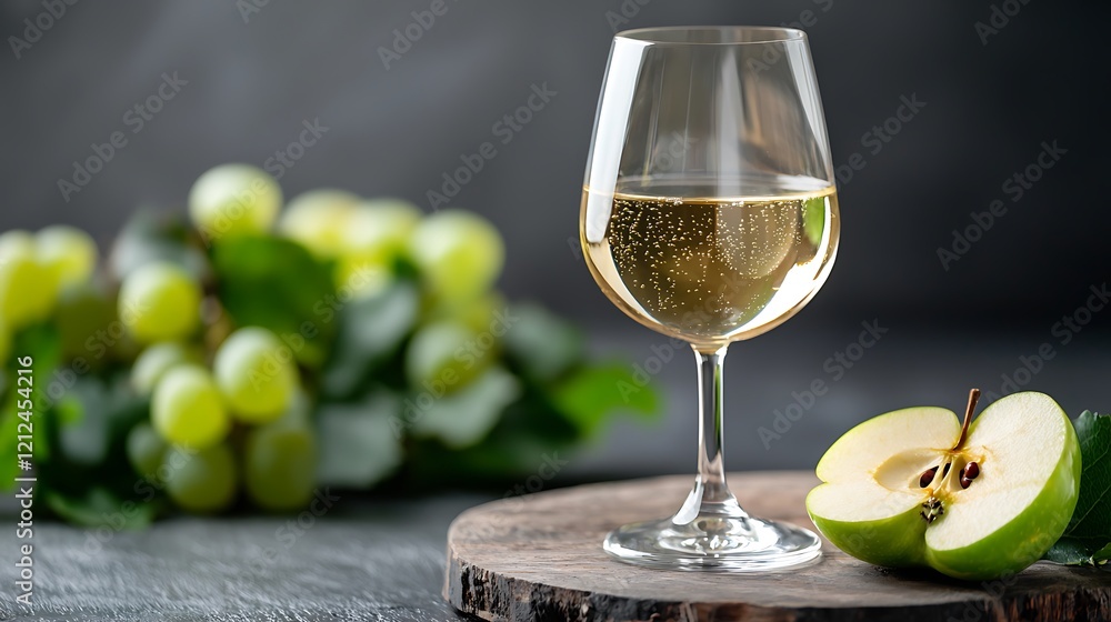 Sparkling apple cider in glass with green grapes. Sparkling apple cider in glass with green grapes.
