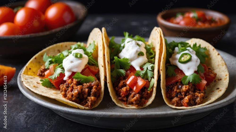 Three delicious tacos with ground meat, tomatoes, cilantro, and sour cream on a plate. Three delicious tacos with ground meat, tomatoes, cilantro, and sour cream on a plate.