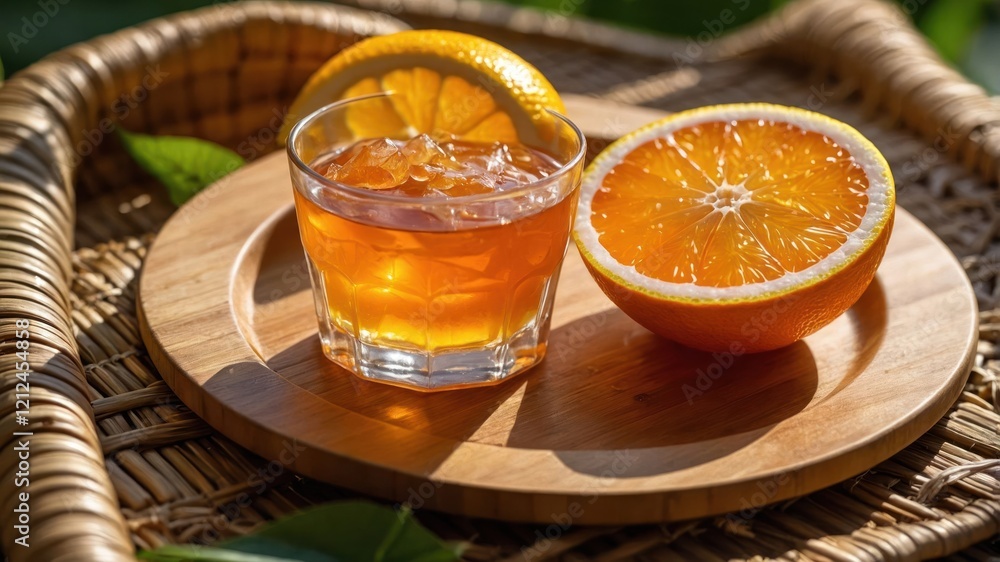 A refreshing drink served with a slice of orange on a wooden platter. A refreshing drink served with a slice of orange on a wooden platter.
