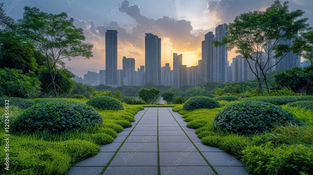 Urban Green Roof Initiative: Morning Panoramic View with Eco-Friendly Style Urban Green Roof Initiative: Morning Panoramic View with Eco-Friendly Style