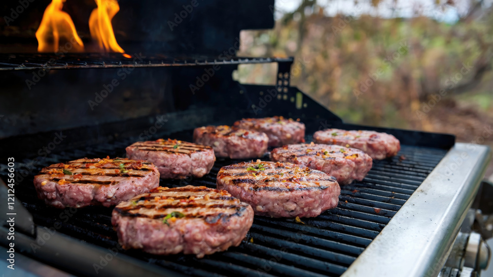 Grilling Juicy Burgers on Outdoor BBQ Grilling Juicy Burgers on Outdoor BBQ