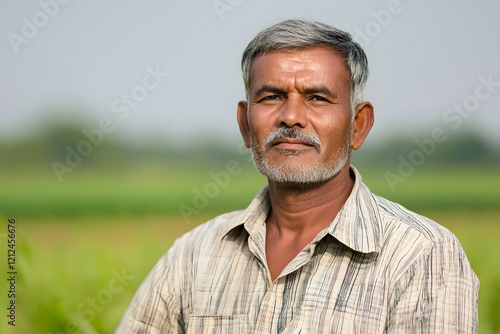 Close up portrait of farmer with gray hair, standing in green field, showcasing dedication and hard work in agriculture
