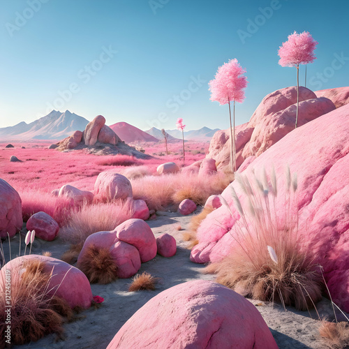 surreal landscape with vibrant pink rocks fluffy