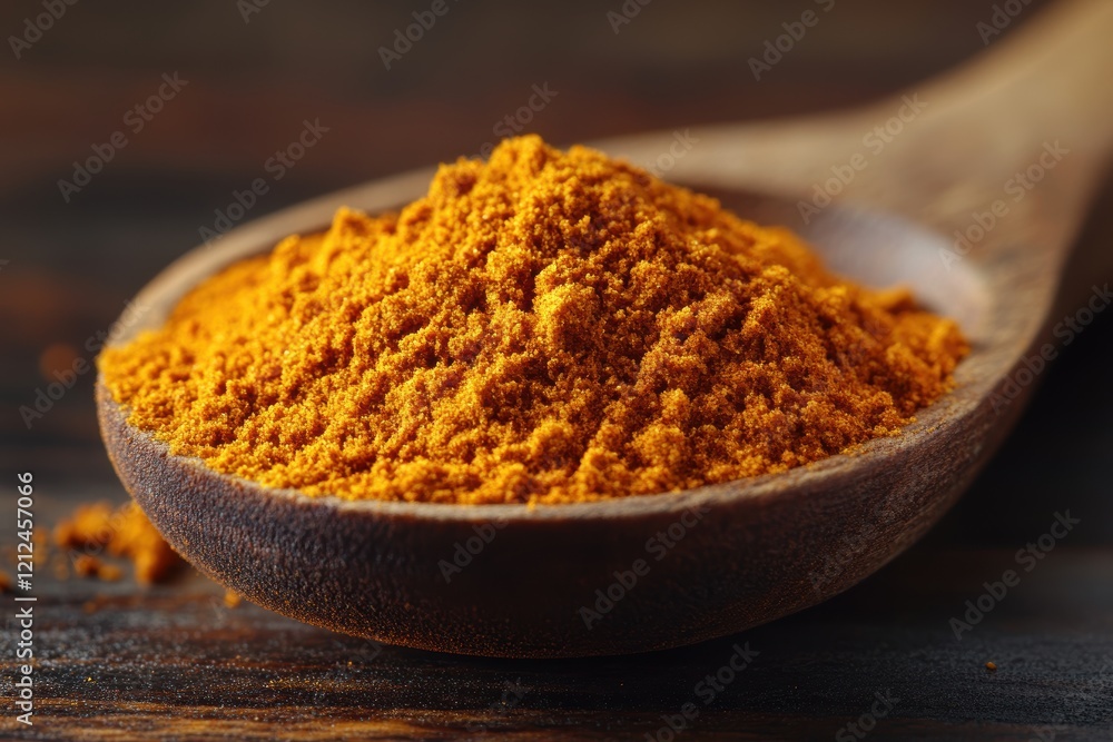 Close-up Image of a Wooden Spoon Filled with Vibrant Orange Ground Turmeric Spice on a Dark Wooden Background, Highlighting Textured Seasoning Close-up Image of a Wooden Spoon Filled with Vibrant Orange Ground Turmeric Spice on a Dark Wooden Background, Highlighting Textured Seasoning
