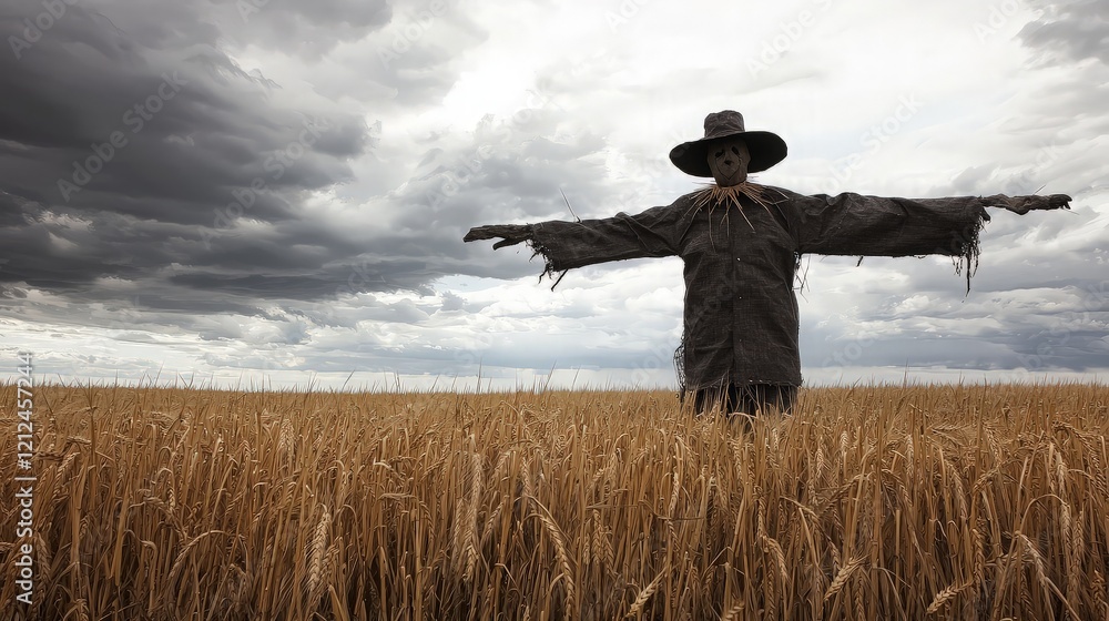 Scarecrow in wheat field, stormy sky. Autumn harvest. Scarecrow in wheat field, stormy sky. Autumn harvest.