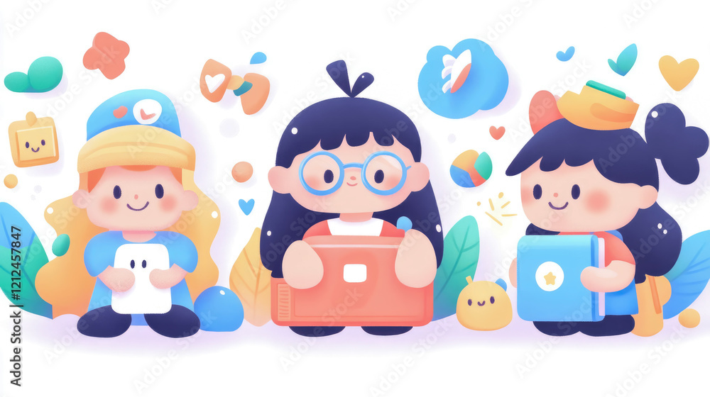 Adorable Children with Gadgets and Books: A Delightful Illustration Adorable Children with Gadgets and Books: A Delightful Illustration