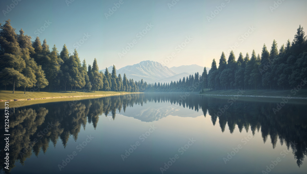 Fototapeta premium A peaceful retreat by the reflective waters