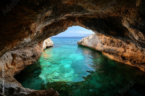 A tranquil cove on Zakynthos, with a small beach surrounded by rocky cliffs and emerald-green waters photo