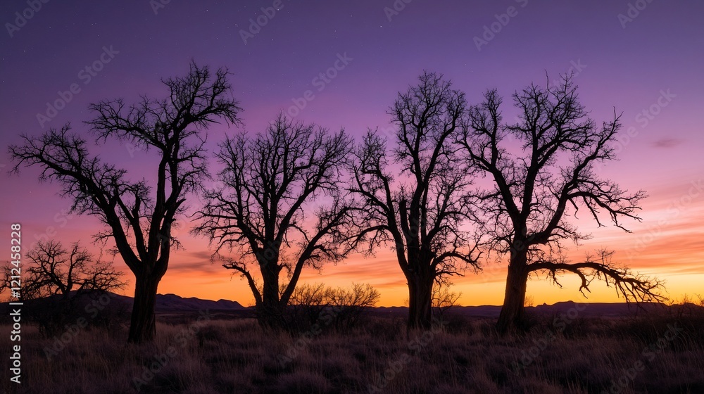 Sunset silhouettes of four leafless trees in a desert landscape, peaceful evening scene, perfect for travel brochures Sunset silhouettes of four leafless trees in a desert landscape, peaceful evening scene, perfect for travel brochures