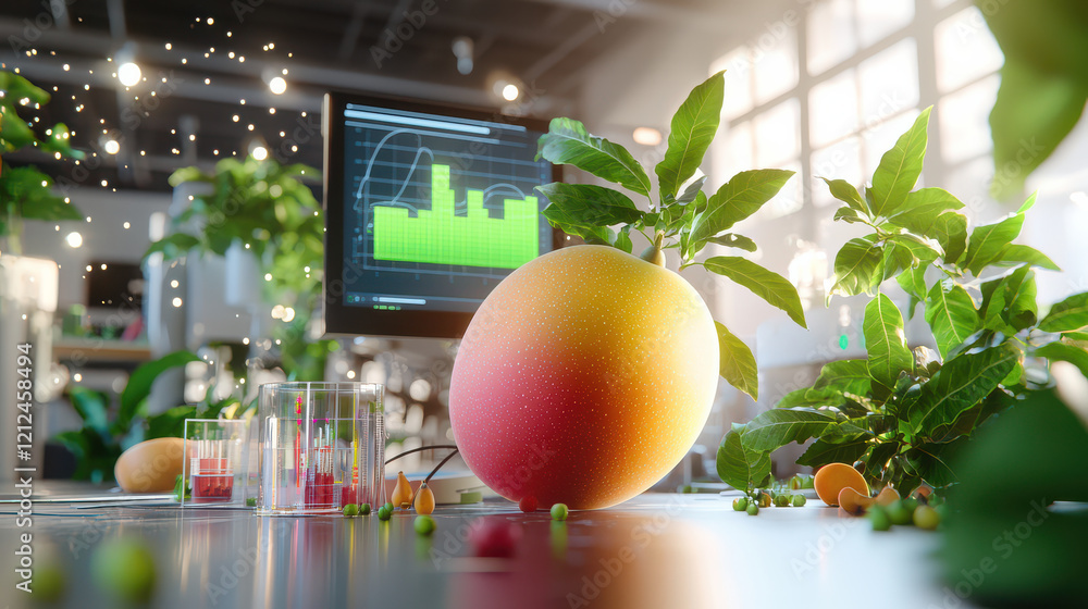 digital rendering of ripe mango surrounded by plants and laboratory equipment, showcasing vibrant and innovative atmosphere. scene conveys sense of growth and technology digital rendering of ripe mango surrounded by plants and laboratory equipment, showcasing vibrant and innovative atmosphere. scene conveys sense of growth and technology