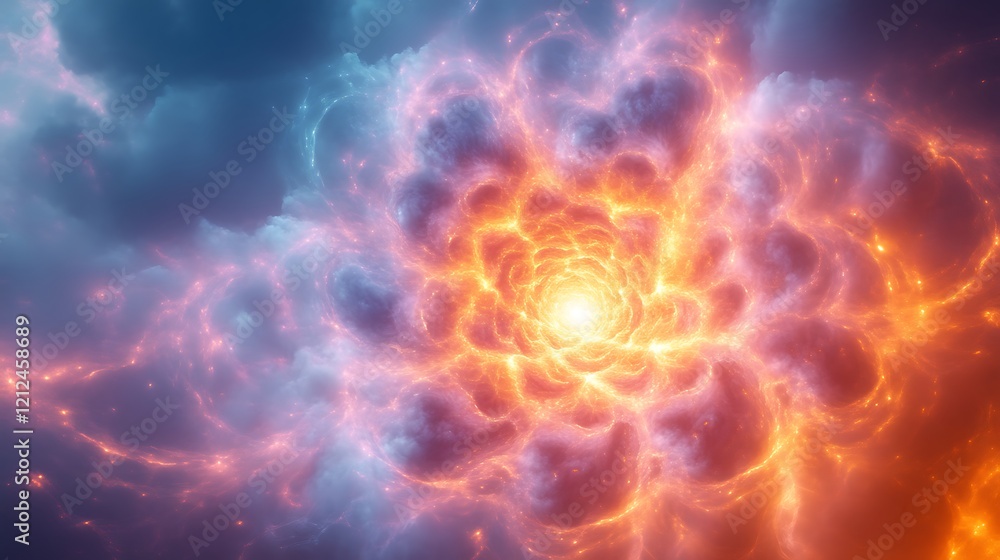Fiery Nebula Swirls Form Cosmic Flower Design Fiery Nebula Swirls Form Cosmic Flower Design